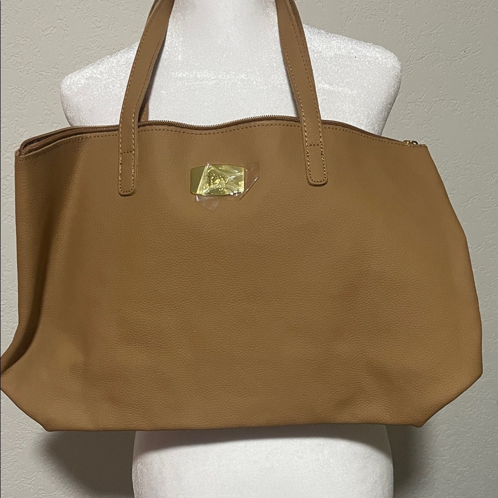 Joy Mangano Tan Leather Tote with Gold Plate